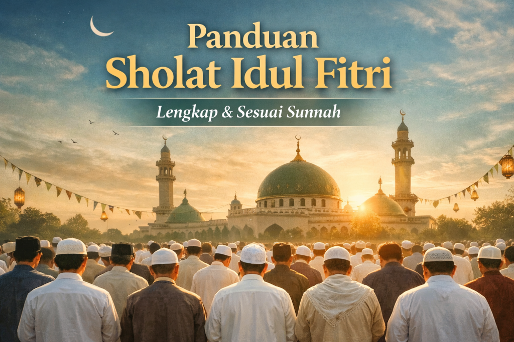 Sholat Idul Fitri berjamaah di masjid saat pagi hari dengan suasana hari raya dan jamaah mengenakan pakaian muslim