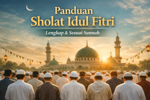 Sholat Idul Fitri berjamaah di masjid saat pagi hari dengan suasana hari raya dan jamaah mengenakan pakaian muslim